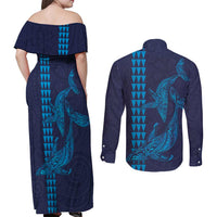 Aloha Hawaii Whale Kakau and Polynesian Tattoo Couples Matching Off Shoulder Maxi Dress and Long Sleeve Button Shirt Dark Navy Color