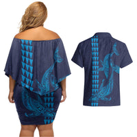Aloha Hawaii Whale Kakau and Polynesian Tattoo Couples Matching Off Shoulder Short Dress and Hawaiian Shirt Dark Navy Color