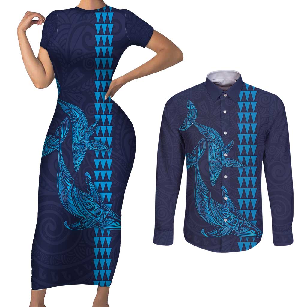 Aloha Hawaii Whale Kakau and Polynesian Tattoo Couples Matching Short Sleeve Bodycon Dress and Long Sleeve Button Shirt Dark Navy Color