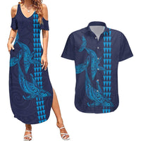 Aloha Hawaii Whale Kakau and Polynesian Tattoo Couples Matching Summer Maxi Dress and Hawaiian Shirt Dark Navy Color