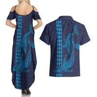 Aloha Hawaii Whale Kakau and Polynesian Tattoo Couples Matching Summer Maxi Dress and Hawaiian Shirt Dark Navy Color