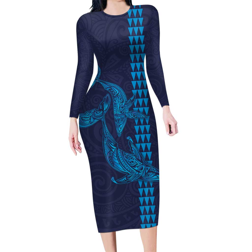 Aloha Hawaii Whale Kakau and Polynesian Tattoo Family Matching Long Sleeve Bodycon Dress and Hawaiian Shirt Dark Navy Color LT03 Mom's Dress Dark Navy - Polynesian Pride