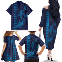 Aloha Hawaii Whale Kakau and Polynesian Tattoo Family Matching Off The Shoulder Long Sleeve Dress and Hawaiian Shirt Dark Navy Color LT03 - Polynesian Pride