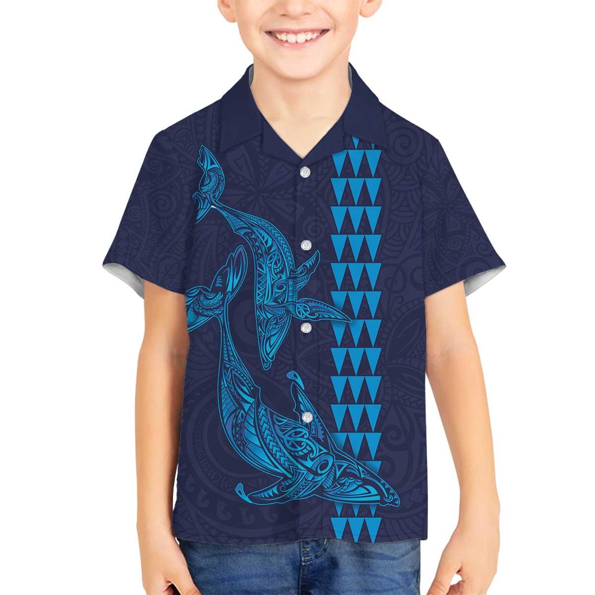 Aloha Hawaii Whale Kakau and Polynesian Tattoo Family Matching Off The Shoulder Long Sleeve Dress and Hawaiian Shirt Dark Navy Color LT03 Son's Shirt Dark Navy - Polynesian Pride