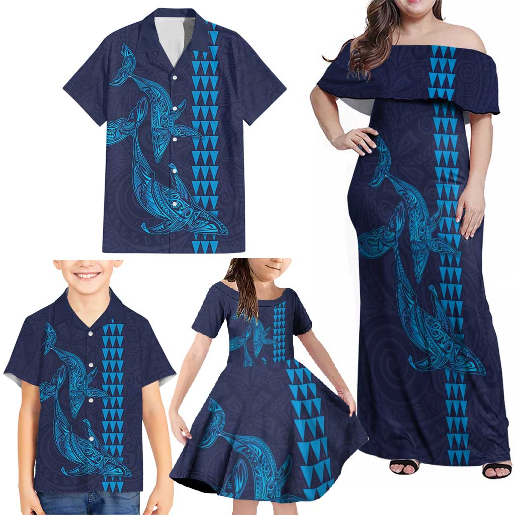 Aloha Hawaii Whale Kakau and Polynesian Tattoo Family Matching Off Shoulder Maxi Dress and Hawaiian Shirt Dark Navy Color LT03 - Polynesian Pride