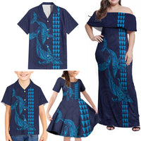 Aloha Hawaii Whale Kakau and Polynesian Tattoo Family Matching Off Shoulder Maxi Dress and Hawaiian Shirt Dark Navy Color LT03 - Polynesian Pride