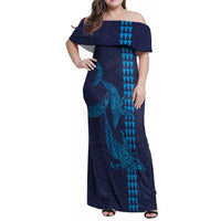 Aloha Hawaii Whale Kakau and Polynesian Tattoo Family Matching Off Shoulder Maxi Dress and Hawaiian Shirt Dark Navy Color LT03 Mom's Dress Dark Navy - Polynesian Pride