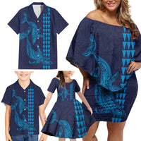 Aloha Hawaii Whale Kakau and Polynesian Tattoo Family Matching Off Shoulder Short Dress and Hawaiian Shirt Dark Navy Color LT03 - Polynesian Pride