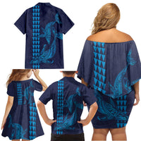 Aloha Hawaii Whale Kakau and Polynesian Tattoo Family Matching Off Shoulder Short Dress and Hawaiian Shirt Dark Navy Color LT03 - Polynesian Pride