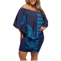 Aloha Hawaii Whale Kakau and Polynesian Tattoo Family Matching Off Shoulder Short Dress and Hawaiian Shirt Dark Navy Color LT03 Mom's Dress Dark Navy - Polynesian Pride