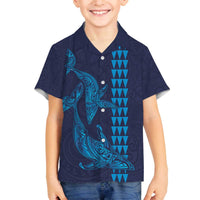 Aloha Hawaii Whale Kakau and Polynesian Tattoo Family Matching Off Shoulder Short Dress and Hawaiian Shirt Dark Navy Color LT03 Son's Shirt Dark Navy - Polynesian Pride