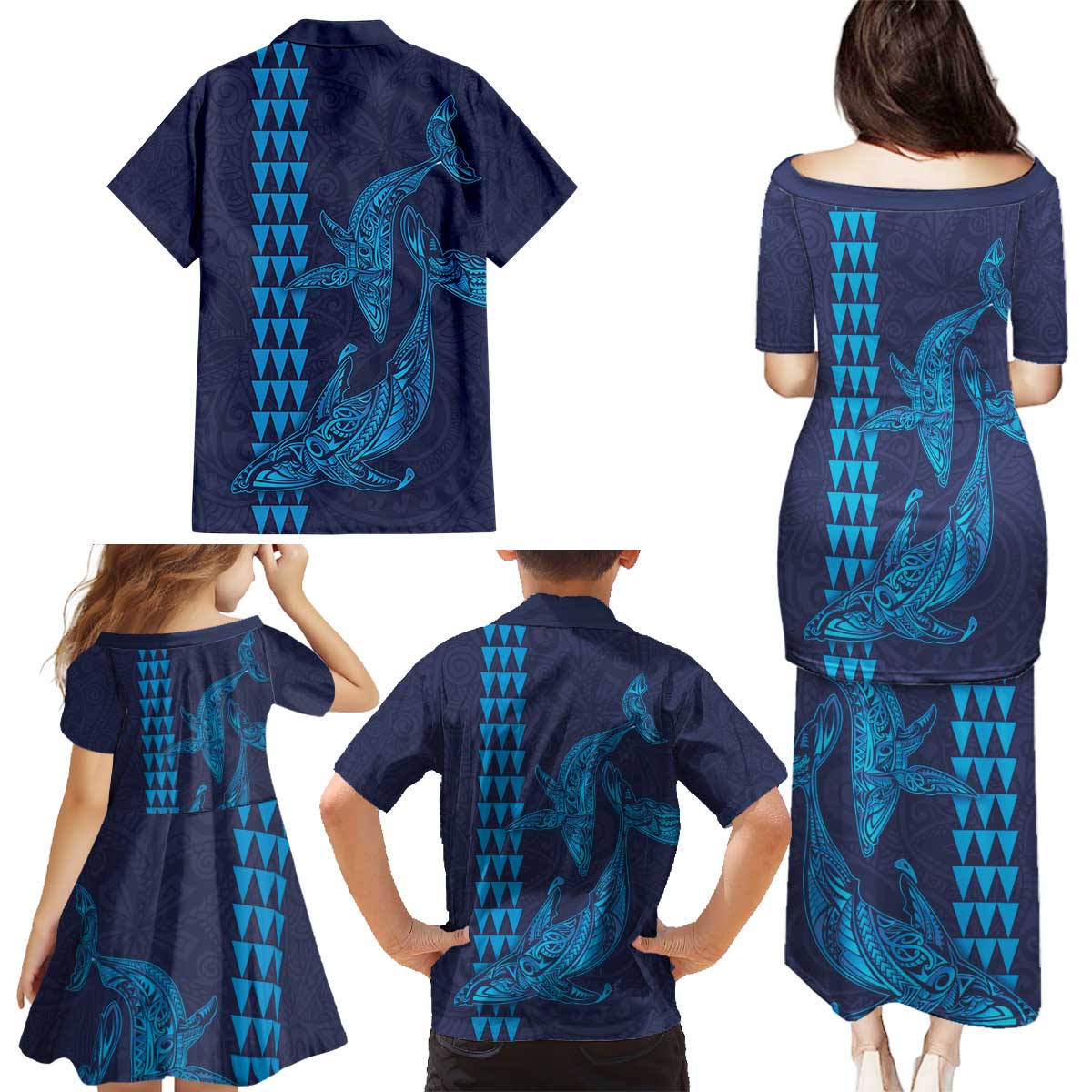 Aloha Hawaii Whale Kakau and Polynesian Tattoo Family Matching Puletasi and Hawaiian Shirt Dark Navy Color LT03 - Polynesian Pride