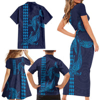 Aloha Hawaii Whale Kakau and Polynesian Tattoo Family Matching Short Sleeve Bodycon Dress and Hawaiian Shirt Dark Navy Color LT03 - Polynesian Pride