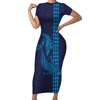 Aloha Hawaii Whale Kakau and Polynesian Tattoo Family Matching Short Sleeve Bodycon Dress and Hawaiian Shirt Dark Navy Color LT03 Mom's Dress Dark Navy - Polynesian Pride