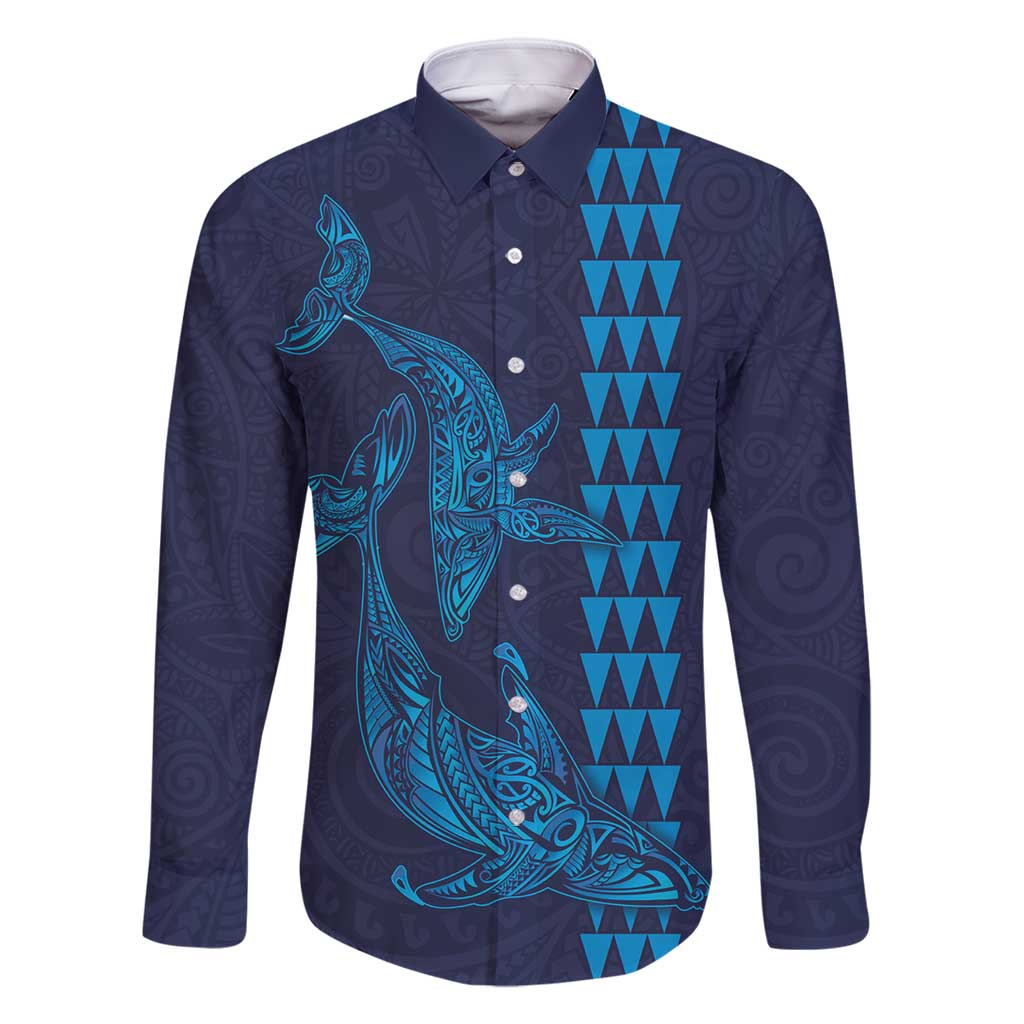 Aloha Hawaii Whale Kakau and Polynesian Tattoo Family Matching Summer Maxi Dress and Hawaiian Shirt Dark Navy Color LT03 Dad's Shirt - Long Sleeve Dark Navy - Polynesian Pride