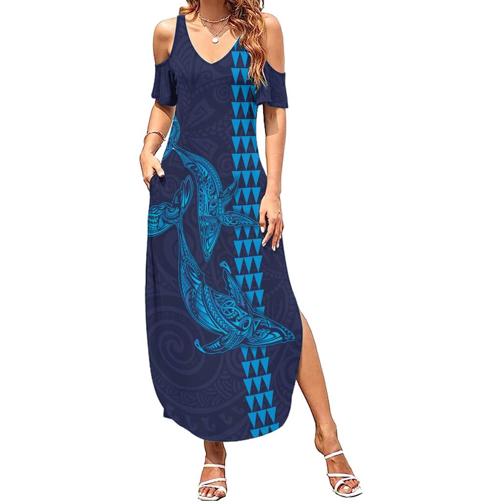 Aloha Hawaii Whale Kakau and Polynesian Tattoo Family Matching Summer Maxi Dress and Hawaiian Shirt Dark Navy Color LT03 Mom's Dress Dark Navy - Polynesian Pride