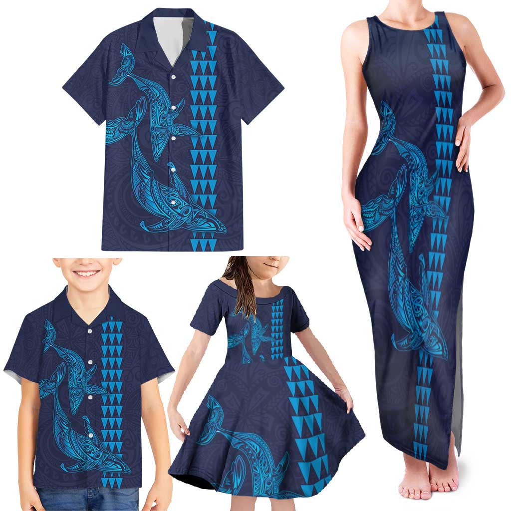 Aloha Hawaii Whale Kakau and Polynesian Tattoo Family Matching Tank Maxi Dress and Hawaiian Shirt Dark Navy Color LT03 - Polynesian Pride