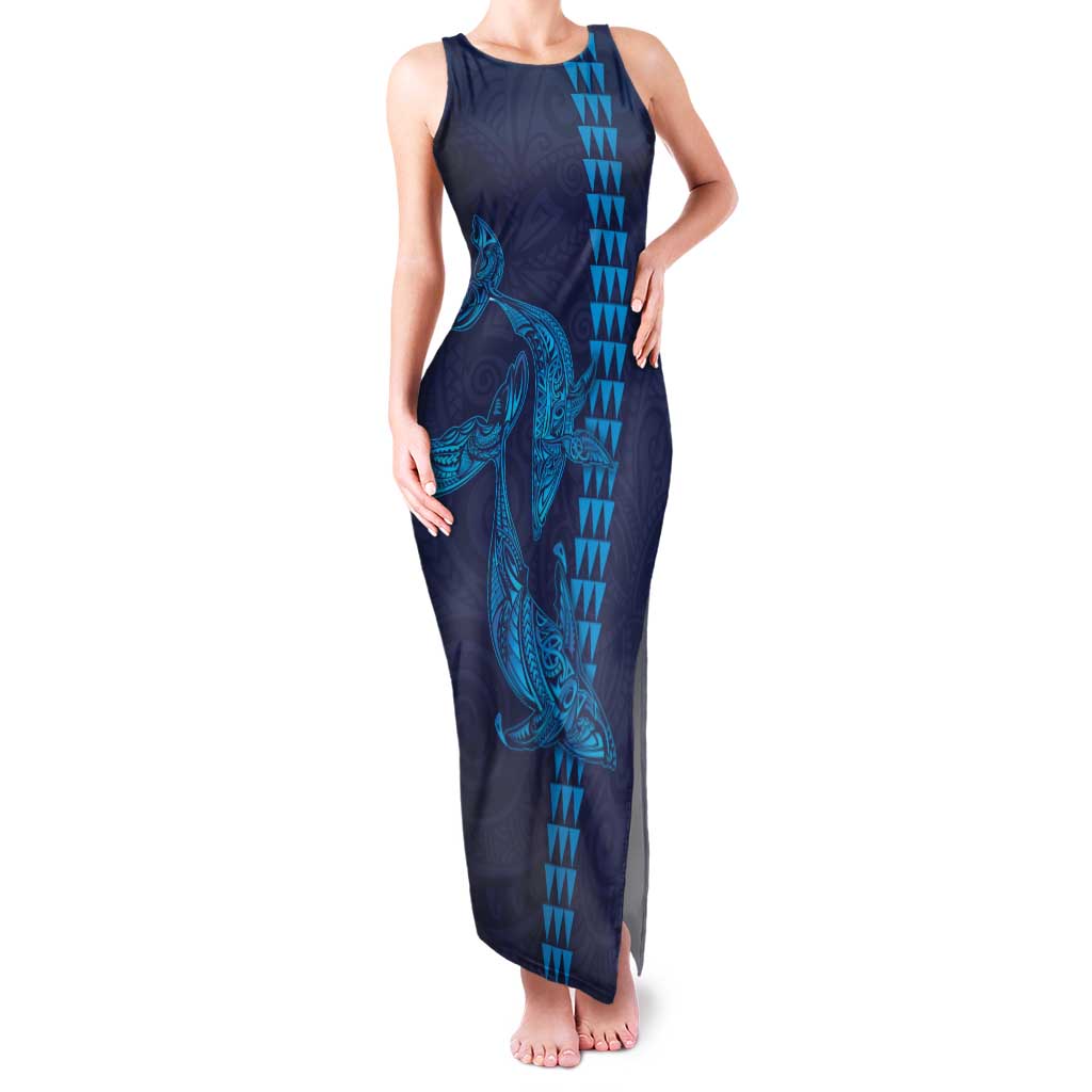 Aloha Hawaii Whale Kakau and Polynesian Tattoo Family Matching Tank Maxi Dress and Hawaiian Shirt Dark Navy Color LT03 Mom's Dress Dark Navy - Polynesian Pride