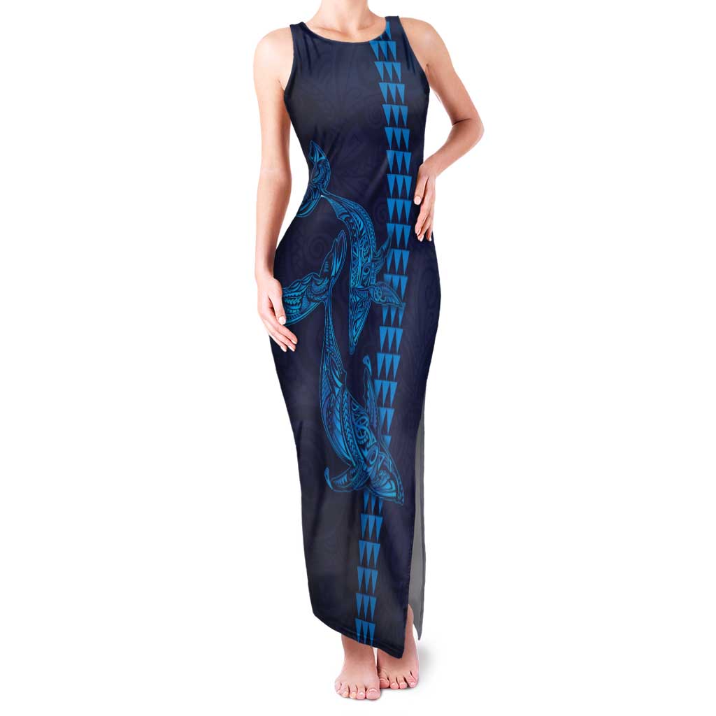 Aloha Hawaii Whale Kakau and Polynesian Tattoo Tank Maxi Dress Dark Navy Color