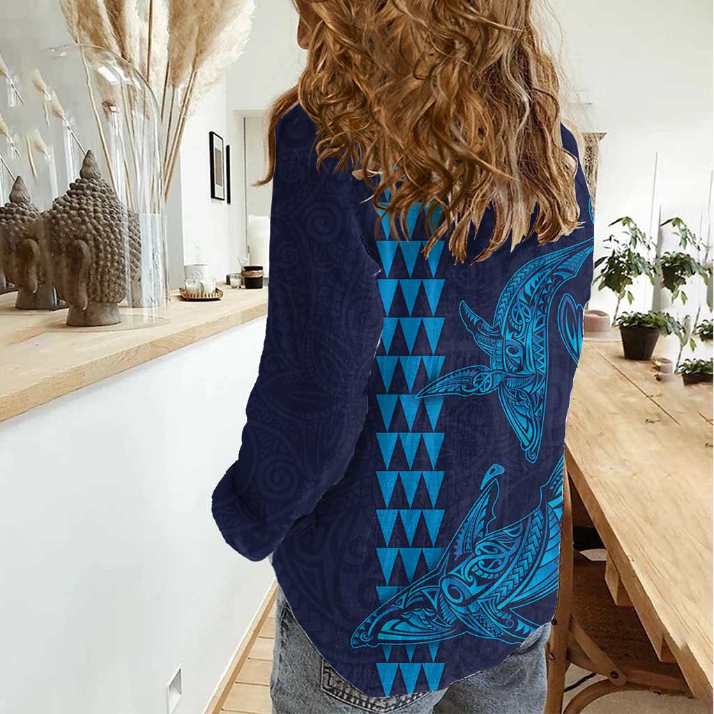 Aloha Hawaii Whale Kakau and Polynesian Tattoo Women Casual Shirt Dark Navy Color