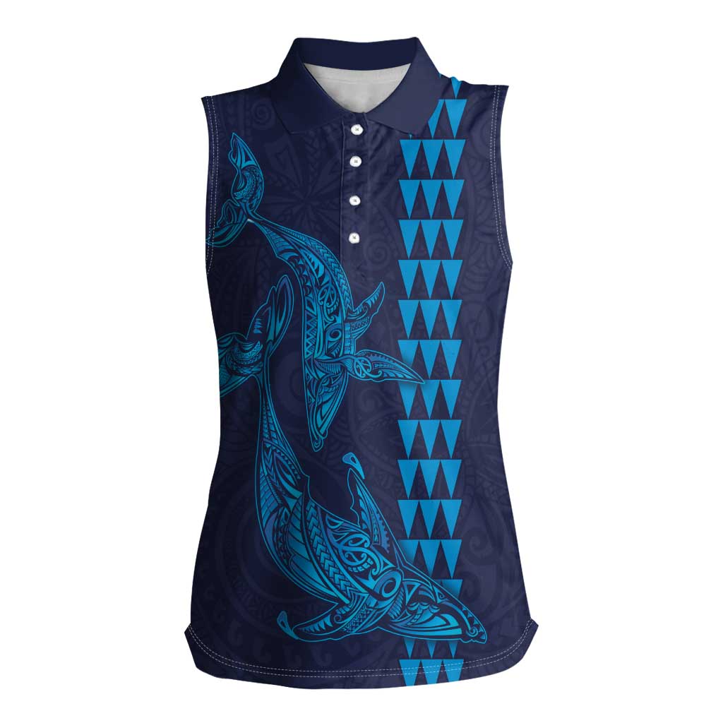 Aloha Hawaii Whale Kakau and Polynesian Tattoo Women Sleeveless Polo Shirt Dark Navy Color
