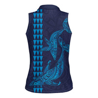 Aloha Hawaii Whale Kakau and Polynesian Tattoo Women Sleeveless Polo Shirt Dark Navy Color