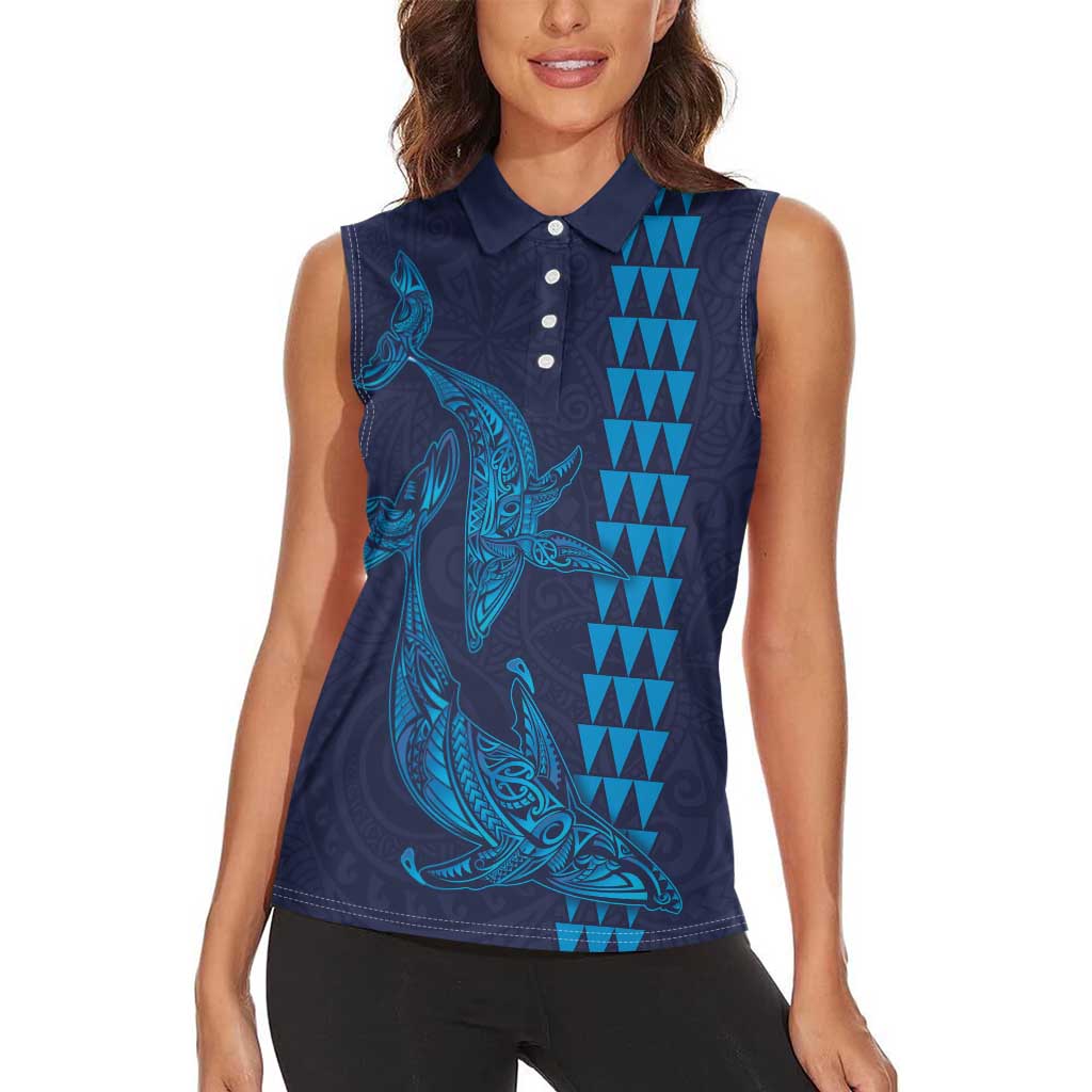 Aloha Hawaii Whale Kakau and Polynesian Tattoo Women Sleeveless Polo Shirt Dark Navy Color