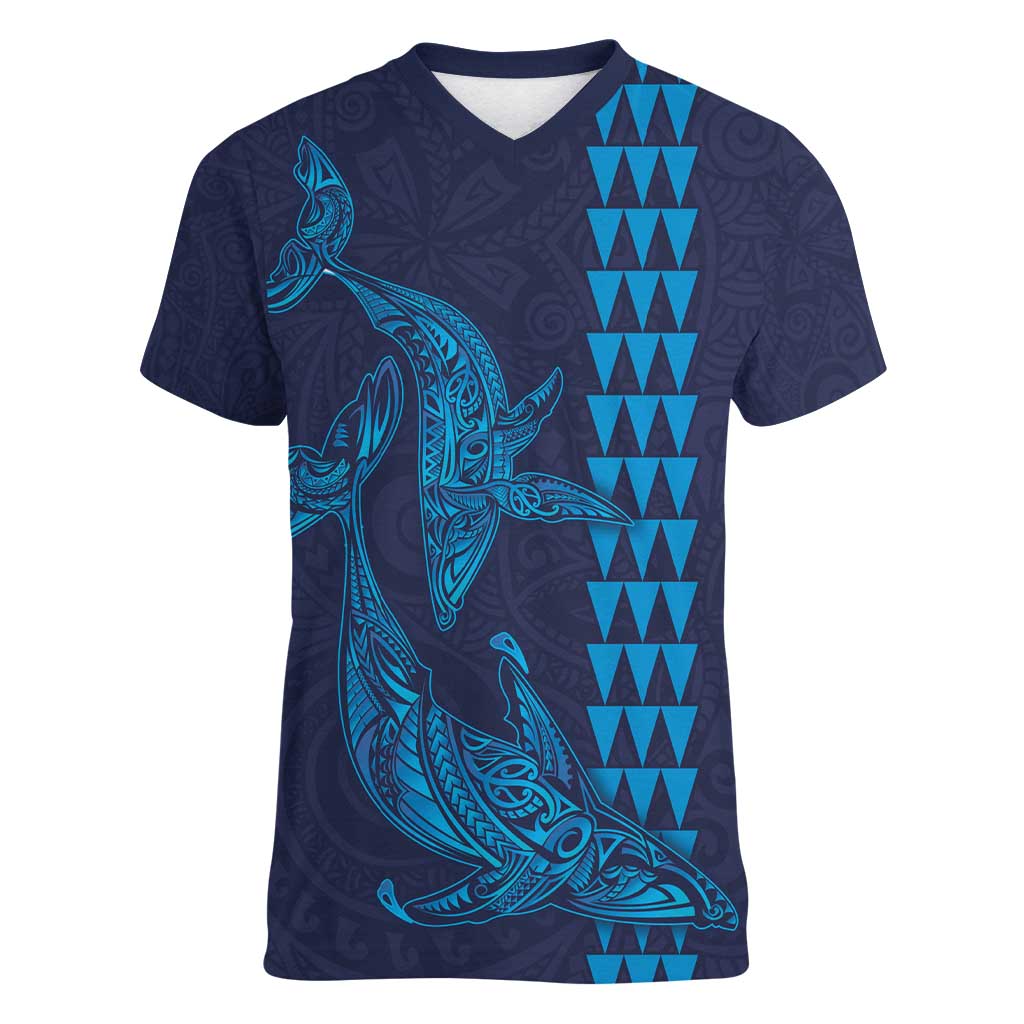 Aloha Hawaii Whale Kakau and Polynesian Tattoo Women V-Neck T-Shirt Dark Navy Color