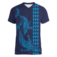 Aloha Hawaii Whale Kakau and Polynesian Tattoo Women V-Neck T-Shirt Dark Navy Color