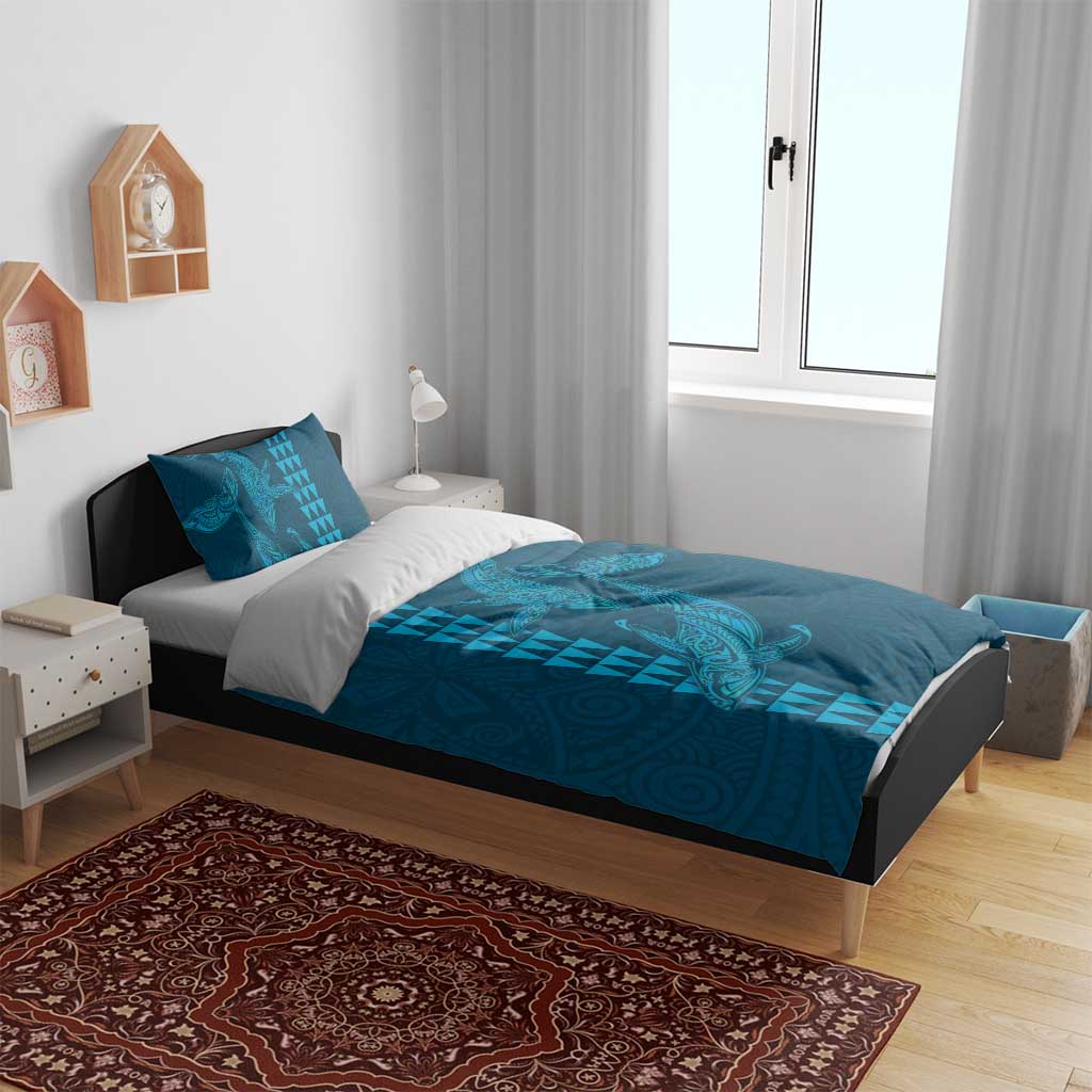Aloha Hawaii Whale Kakau and Polynesian Tattoo Bedding Set Light Blue Color