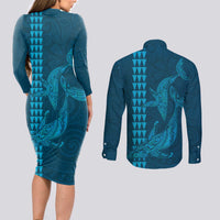 Aloha Hawaii Whale Kakau and Polynesian Tattoo Couples Matching Long Sleeve Bodycon Dress and Long Sleeve Button Shirt Light Blue Color