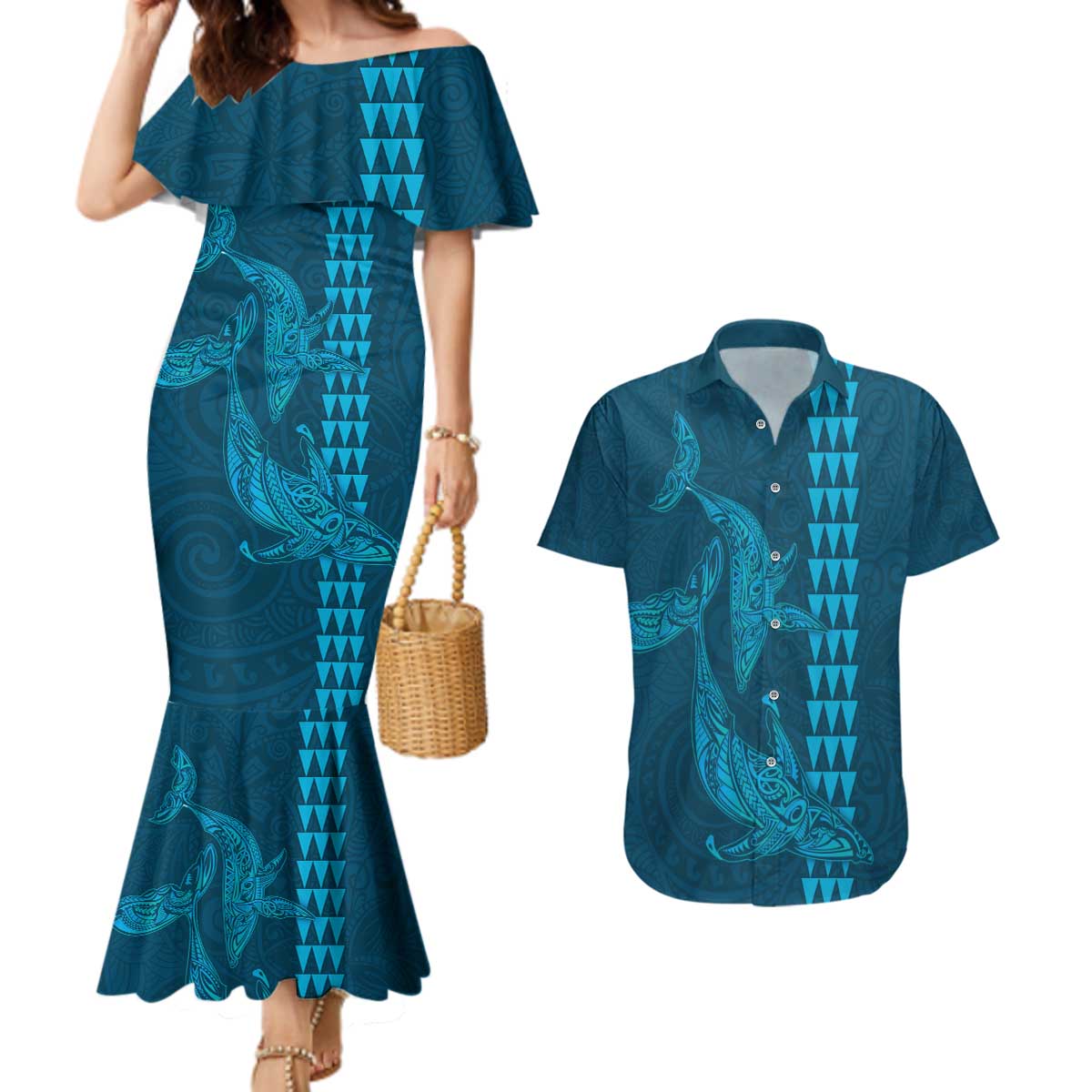 Aloha Hawaii Whale Kakau and Polynesian Tattoo Couples Matching Mermaid Dress and Hawaiian Shirt Light Blue Color LT03 Light Blue - Polynesian Pride