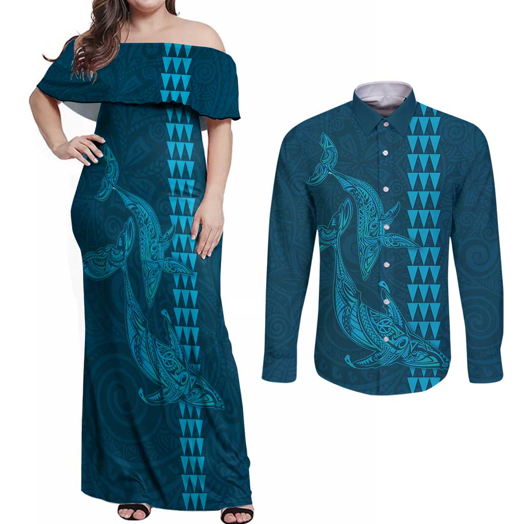 Aloha Hawaii Whale Kakau and Polynesian Tattoo Couples Matching Off Shoulder Maxi Dress and Long Sleeve Button Shirt Light Blue Color