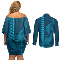 Aloha Hawaii Whale Kakau and Polynesian Tattoo Couples Matching Off Shoulder Short Dress and Long Sleeve Button Shirt Light Blue Color