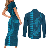Aloha Hawaii Whale Kakau and Polynesian Tattoo Couples Matching Short Sleeve Bodycon Dress and Long Sleeve Button Shirt Light Blue Color