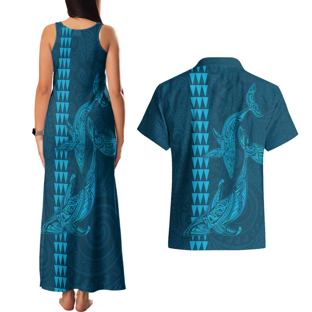 Aloha Hawaii Whale Kakau and Polynesian Tattoo Couples Matching Tank Maxi Dress and Hawaiian Shirt Light Blue Color
