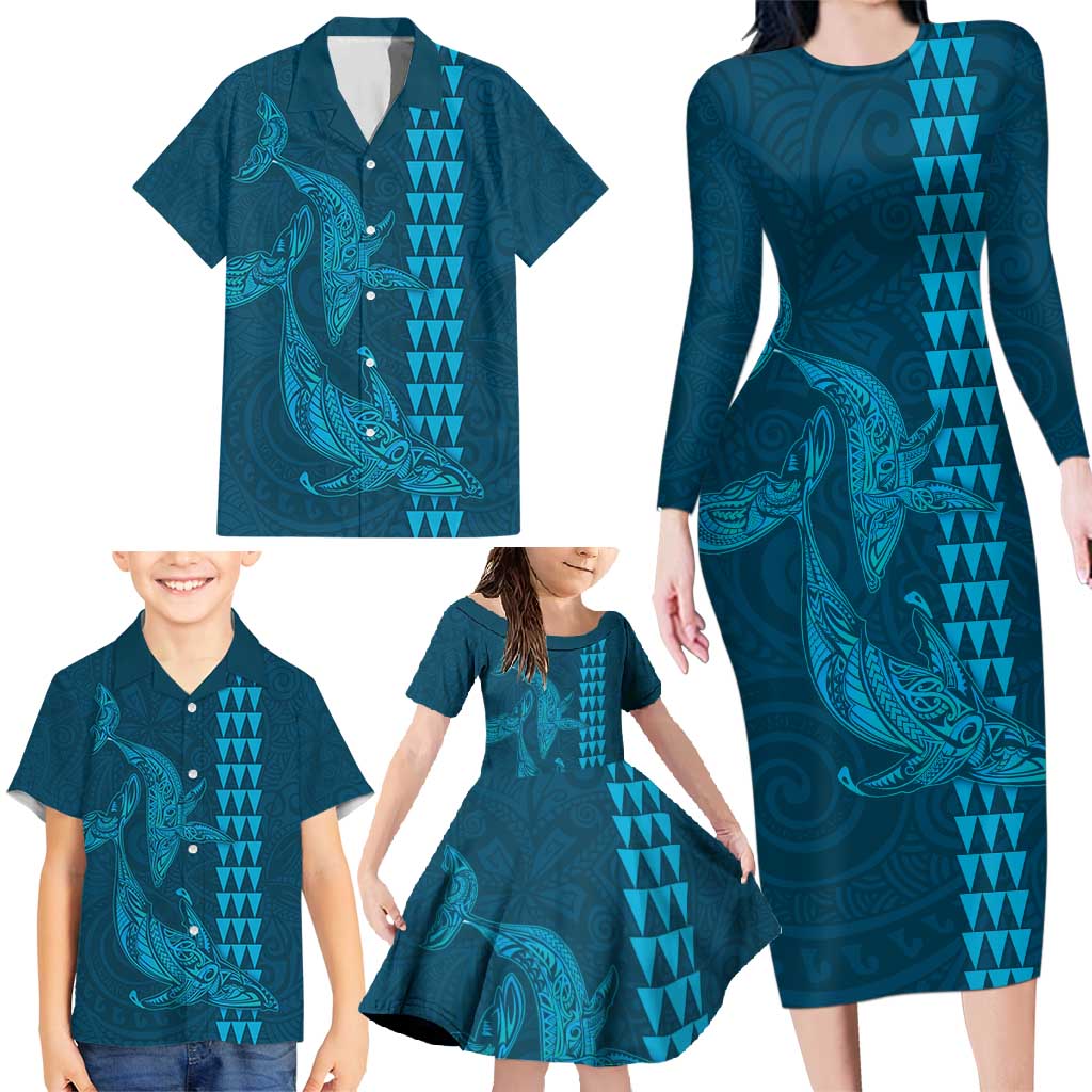 Aloha Hawaii Whale Kakau and Polynesian Tattoo Family Matching Long Sleeve Bodycon Dress and Hawaiian Shirt Light Blue Color LT03 - Polynesian Pride
