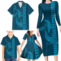 Aloha Hawaii Whale Kakau and Polynesian Tattoo Family Matching Long Sleeve Bodycon Dress and Hawaiian Shirt Light Blue Color LT03 - Polynesian Pride