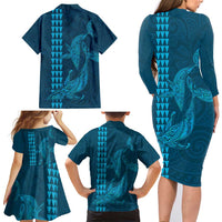 Aloha Hawaii Whale Kakau and Polynesian Tattoo Family Matching Long Sleeve Bodycon Dress and Hawaiian Shirt Light Blue Color LT03 - Polynesian Pride