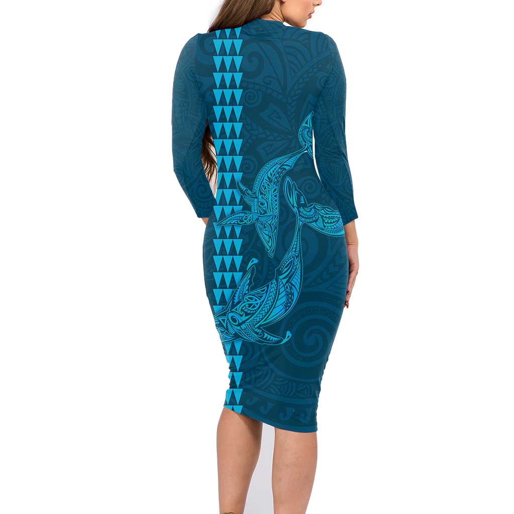 Aloha Hawaii Whale Kakau and Polynesian Tattoo Family Matching Long Sleeve Bodycon Dress and Hawaiian Shirt Light Blue Color LT03 - Polynesian Pride