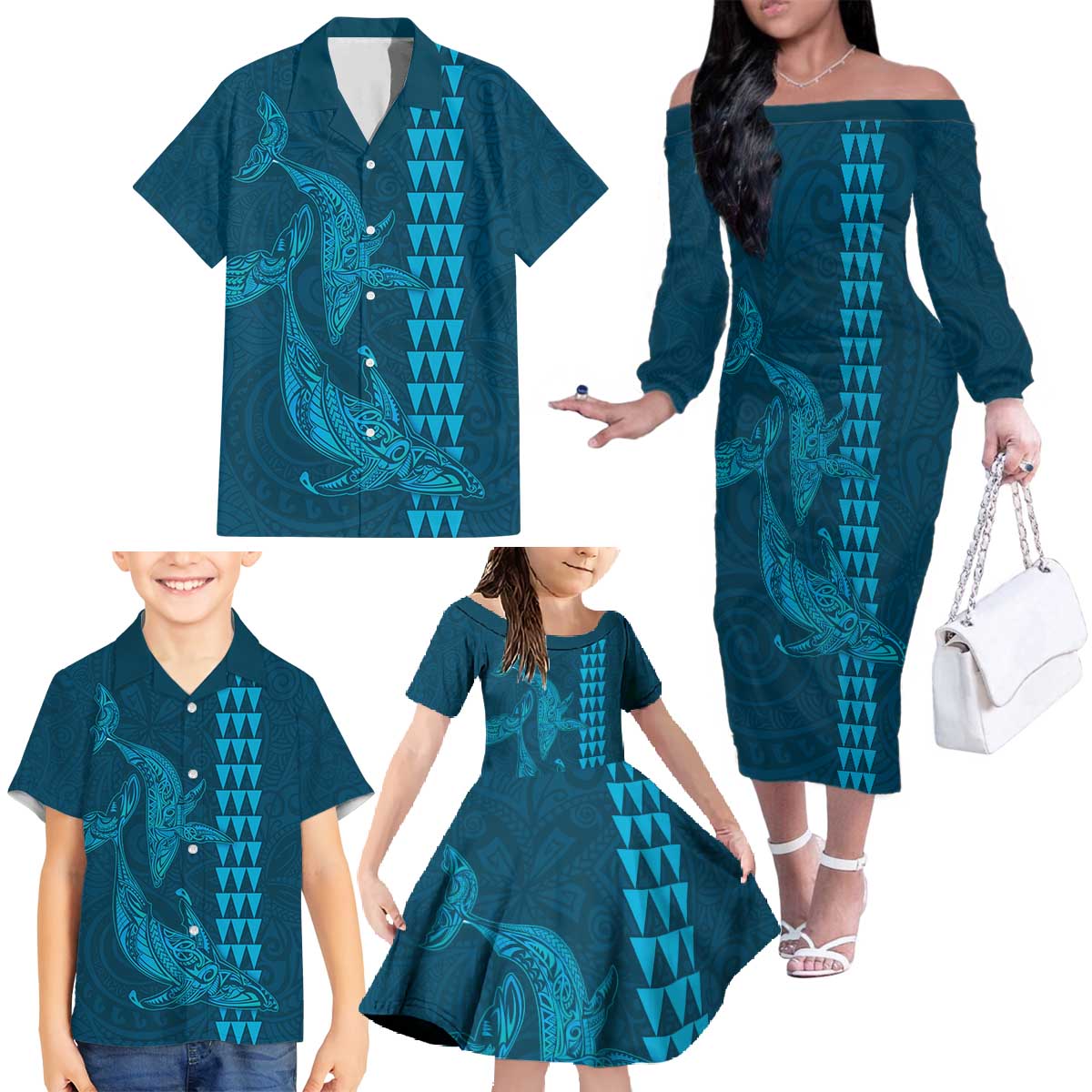 Aloha Hawaii Whale Kakau and Polynesian Tattoo Family Matching Off The Shoulder Long Sleeve Dress and Hawaiian Shirt Light Blue Color LT03 - Polynesian Pride