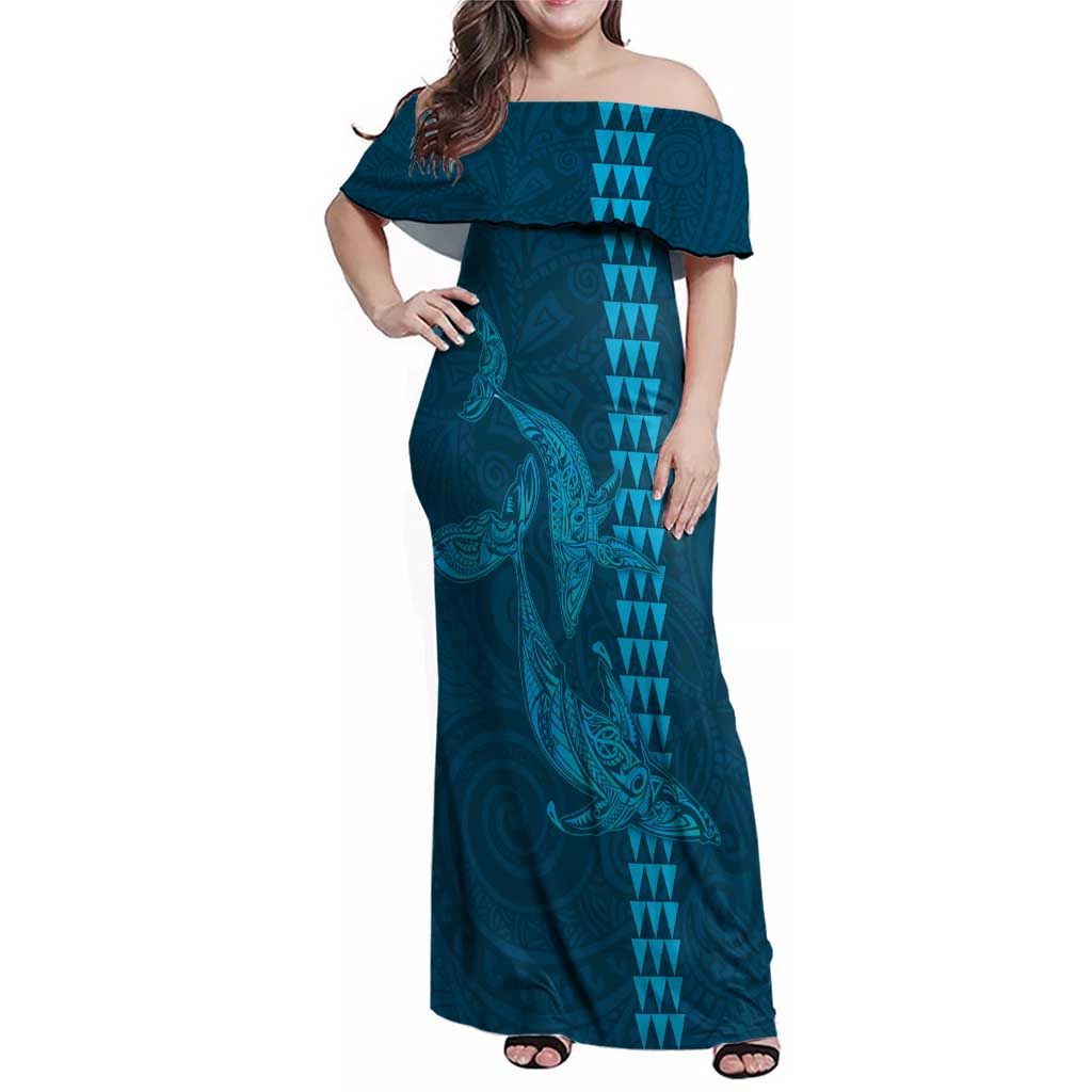 Aloha Hawaii Whale Kakau and Polynesian Tattoo Family Matching Off Shoulder Maxi Dress and Hawaiian Shirt Light Blue Color LT03 Mom's Dress Light Blue - Polynesian Pride