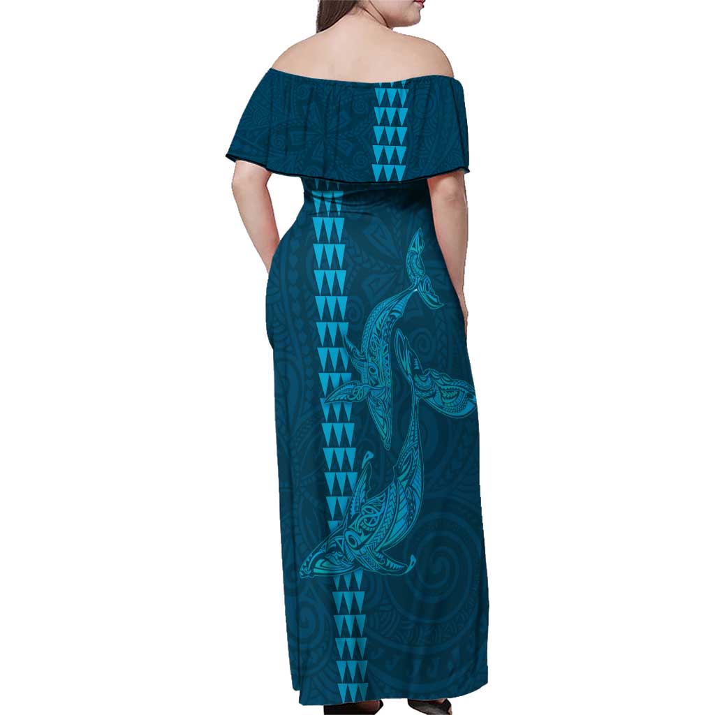 Aloha Hawaii Whale Kakau and Polynesian Tattoo Family Matching Off Shoulder Maxi Dress and Hawaiian Shirt Light Blue Color LT03 - Polynesian Pride