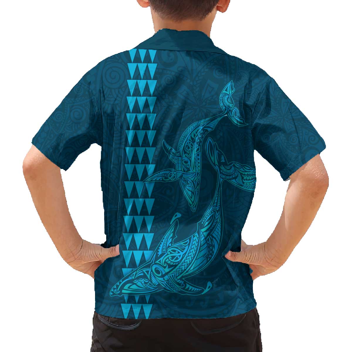 Aloha Hawaii Whale Kakau and Polynesian Tattoo Family Matching Off Shoulder Short Dress and Hawaiian Shirt Light Blue Color LT03 - Polynesian Pride