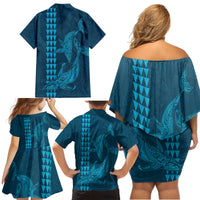 Aloha Hawaii Whale Kakau and Polynesian Tattoo Family Matching Off Shoulder Short Dress and Hawaiian Shirt Light Blue Color LT03 - Polynesian Pride