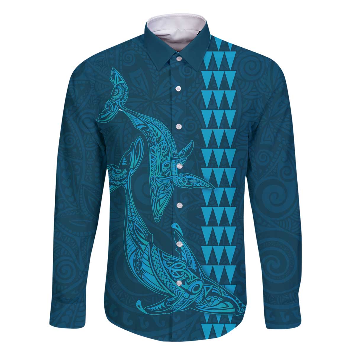 Aloha Hawaii Whale Kakau and Polynesian Tattoo Family Matching Off Shoulder Short Dress and Hawaiian Shirt Light Blue Color LT03 Dad's Shirt - Long Sleeve Light Blue - Polynesian Pride