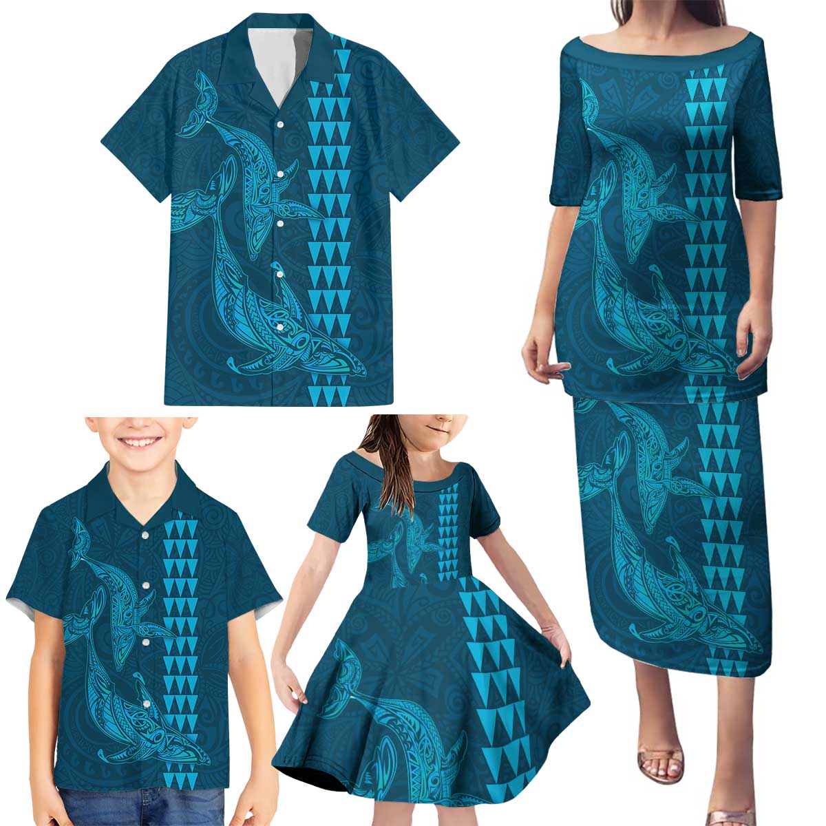 Aloha Hawaii Whale Kakau and Polynesian Tattoo Family Matching Puletasi and Hawaiian Shirt Light Blue Color LT03 - Polynesian Pride