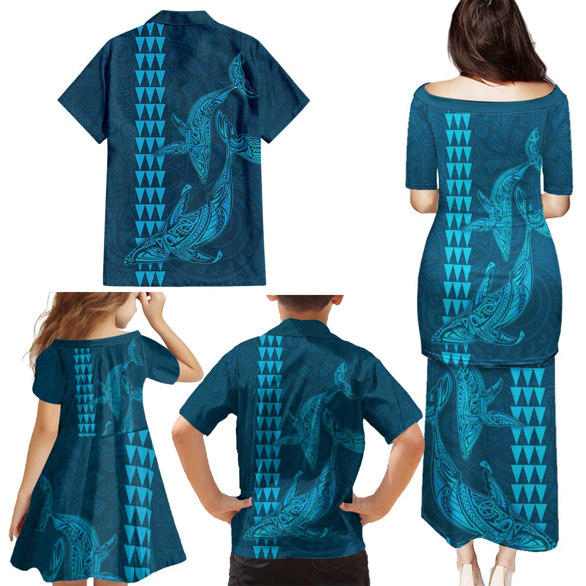 Aloha Hawaii Whale Kakau and Polynesian Tattoo Family Matching Puletasi and Hawaiian Shirt Light Blue Color LT03 - Polynesian Pride