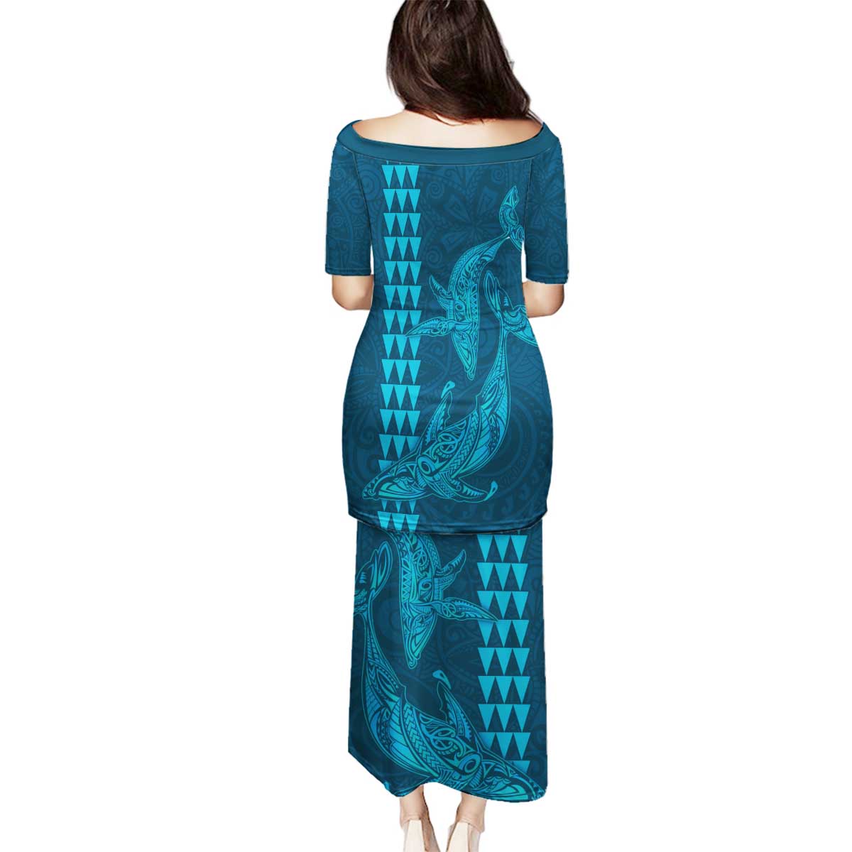 Aloha Hawaii Whale Kakau and Polynesian Tattoo Family Matching Puletasi and Hawaiian Shirt Light Blue Color LT03 - Polynesian Pride