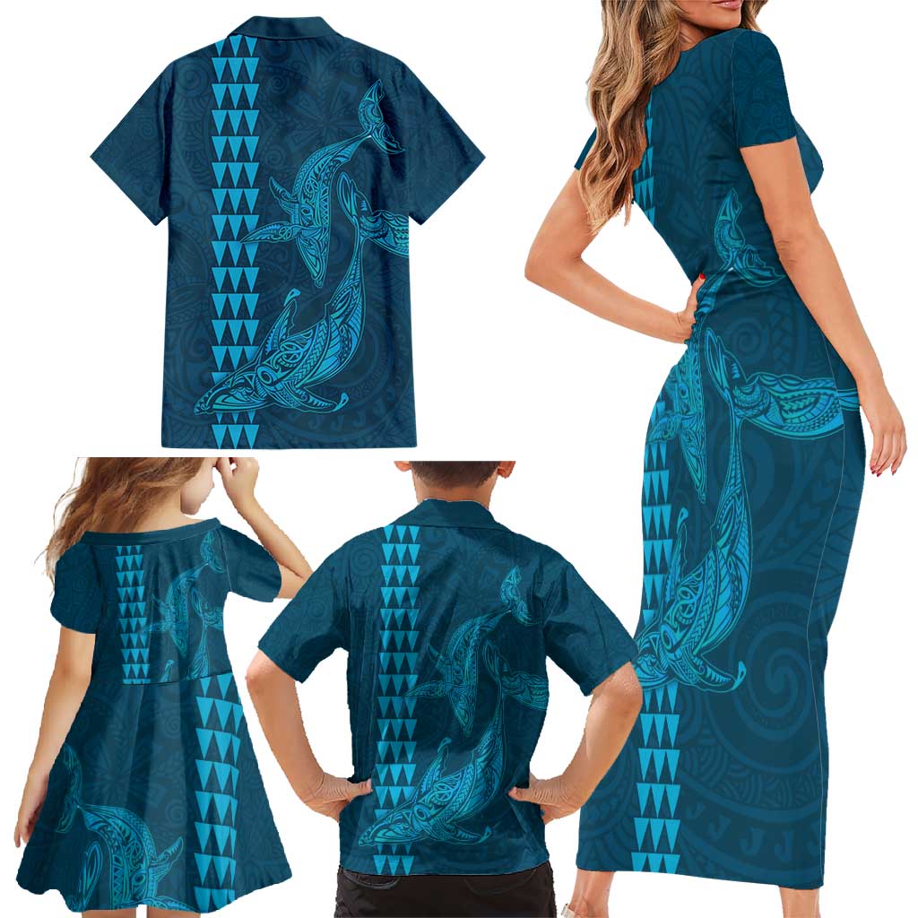 Aloha Hawaii Whale Kakau and Polynesian Tattoo Family Matching Short Sleeve Bodycon Dress and Hawaiian Shirt Light Blue Color LT03 - Polynesian Pride